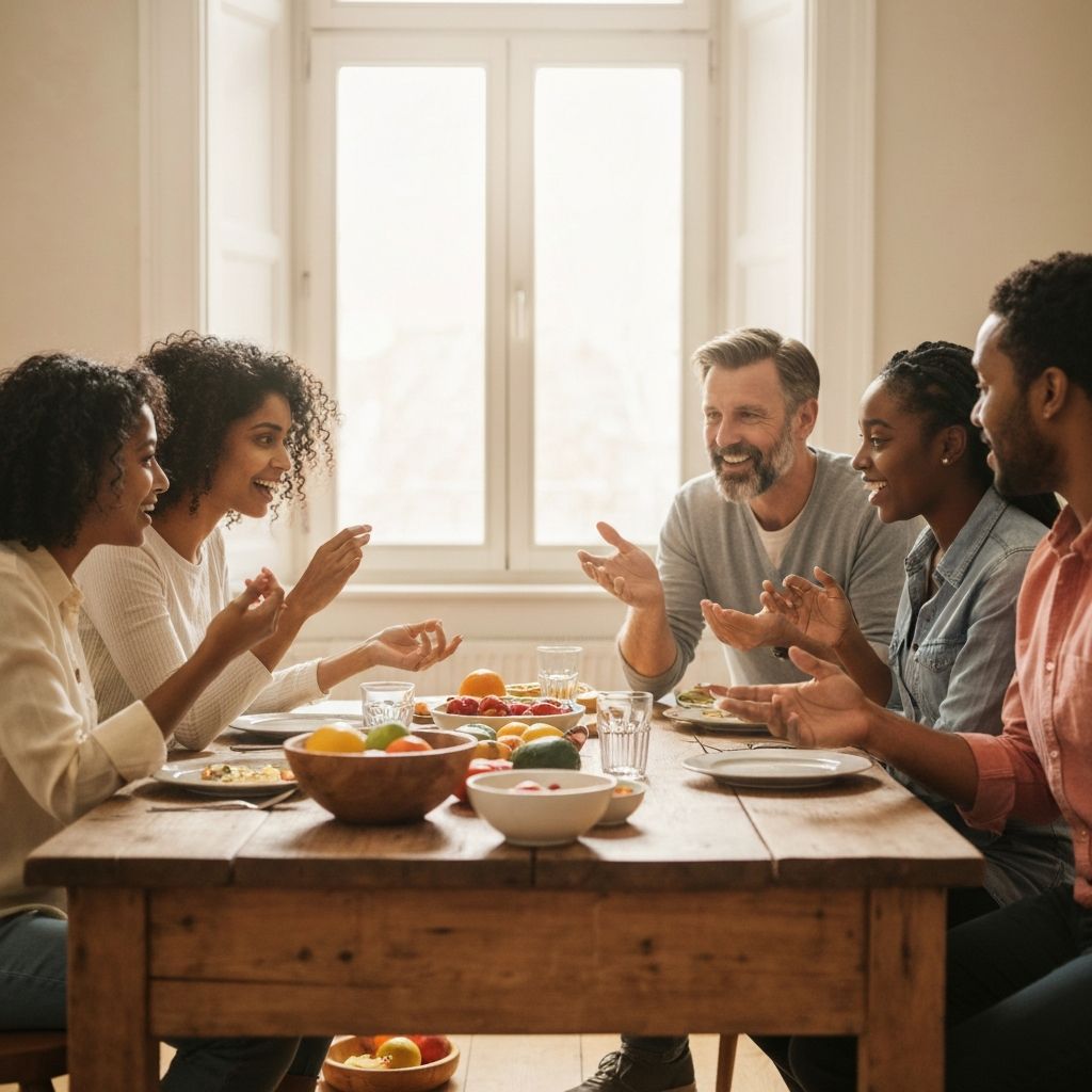 Ryhmä ihmisiä keskustelemassa ruokasuunnittelusta kodeissa